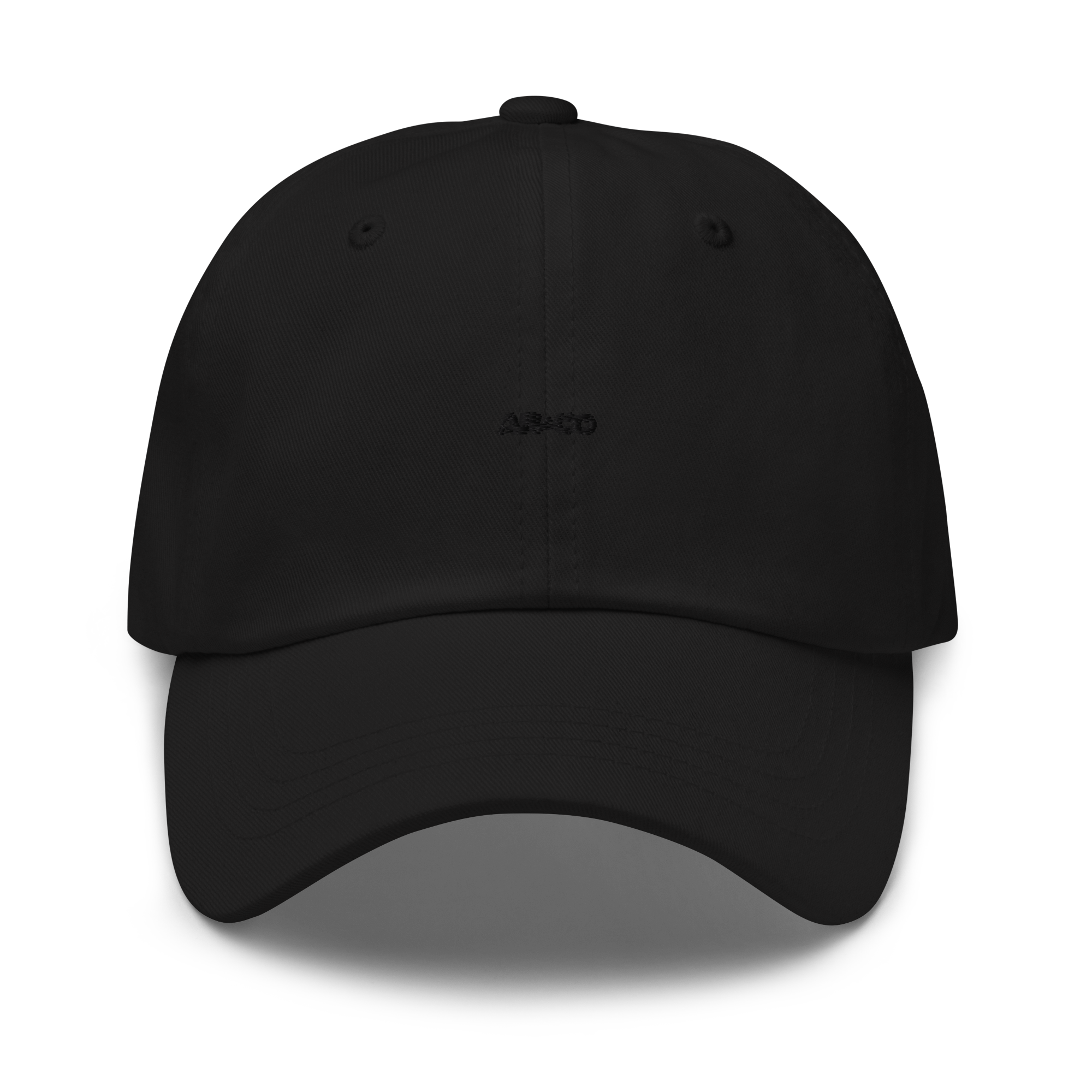 “Organic cotton dad hat in Black with embroidered logo, curved brim, and adjustable strap for a relaxed streetwear fit.