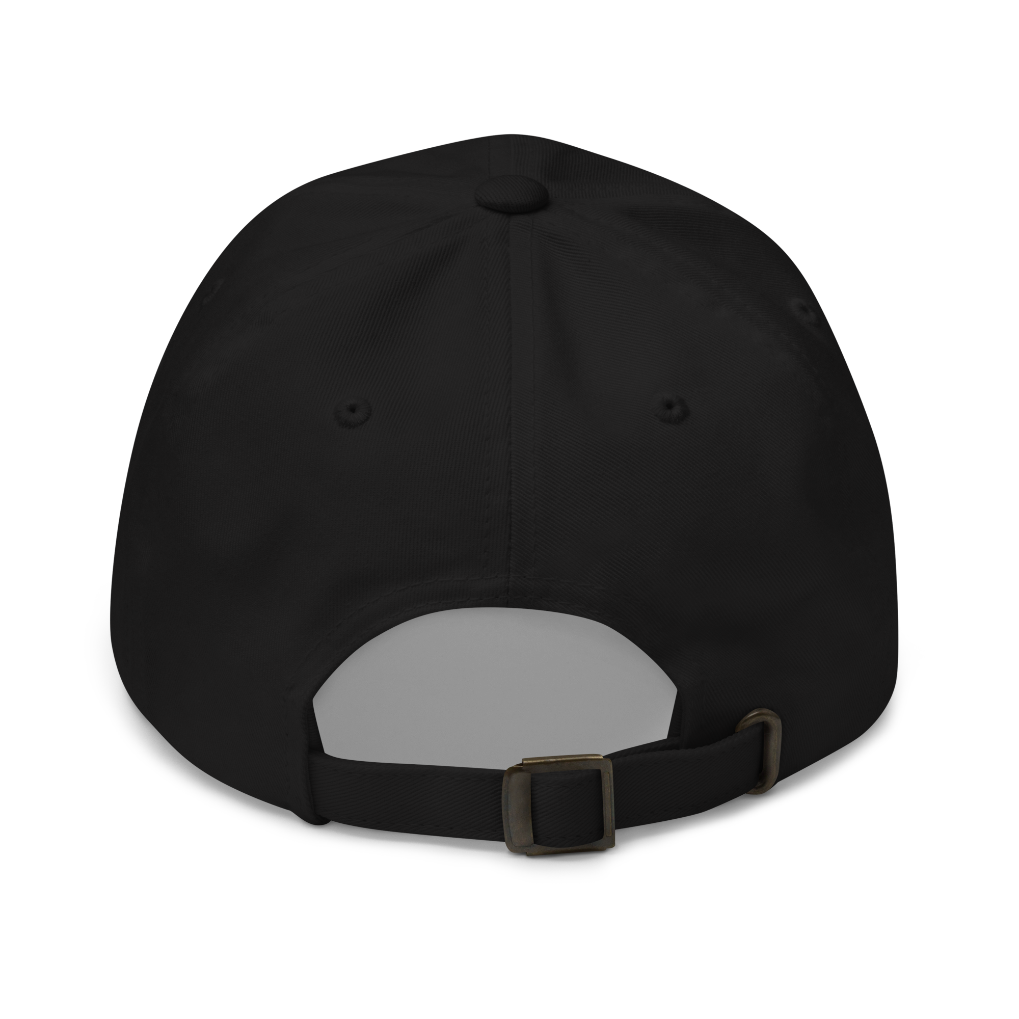 Organic cotton dad hat in Black with embroidered logo, curved brim, and adjustable strap for a relaxed streetwear fit