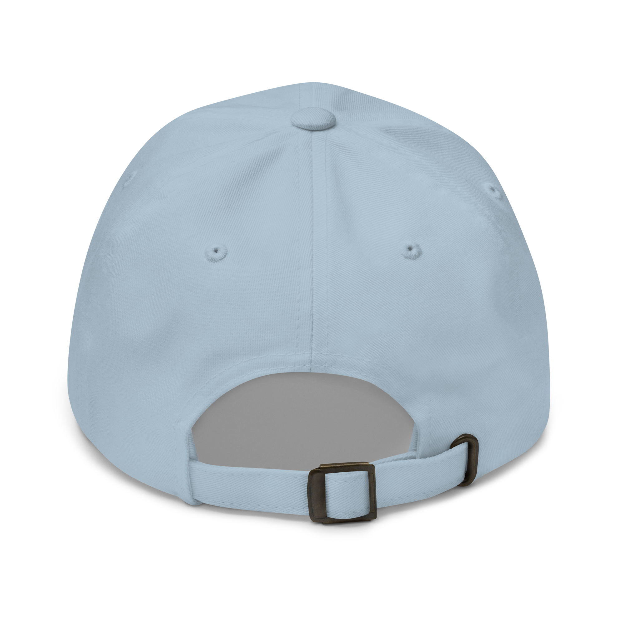 Organic cotton dad hat in blue with embroidered logo, curved brim, and adjustable strap for a relaxed streetwear fit