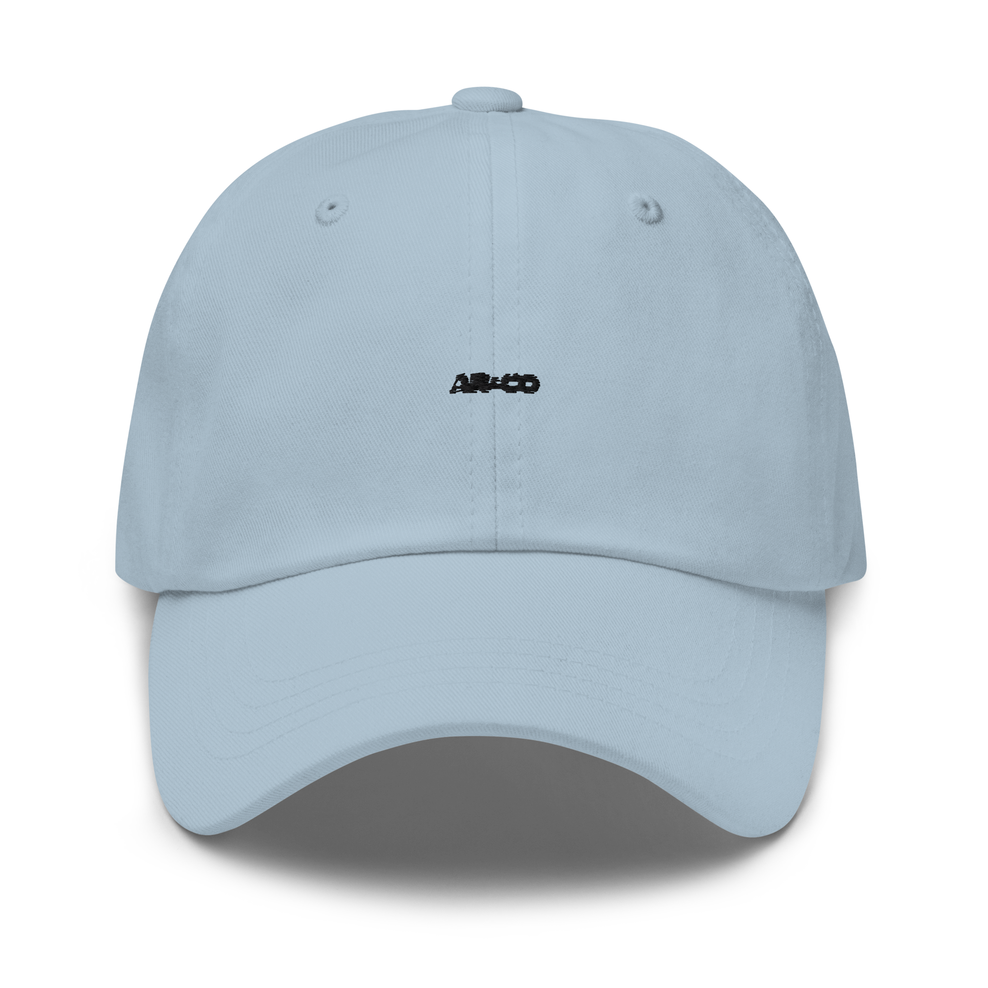 Organic cotton dad hat in Black with embroidered logo, curved brim, and adjustable strap for a relaxed streetwear fit.
