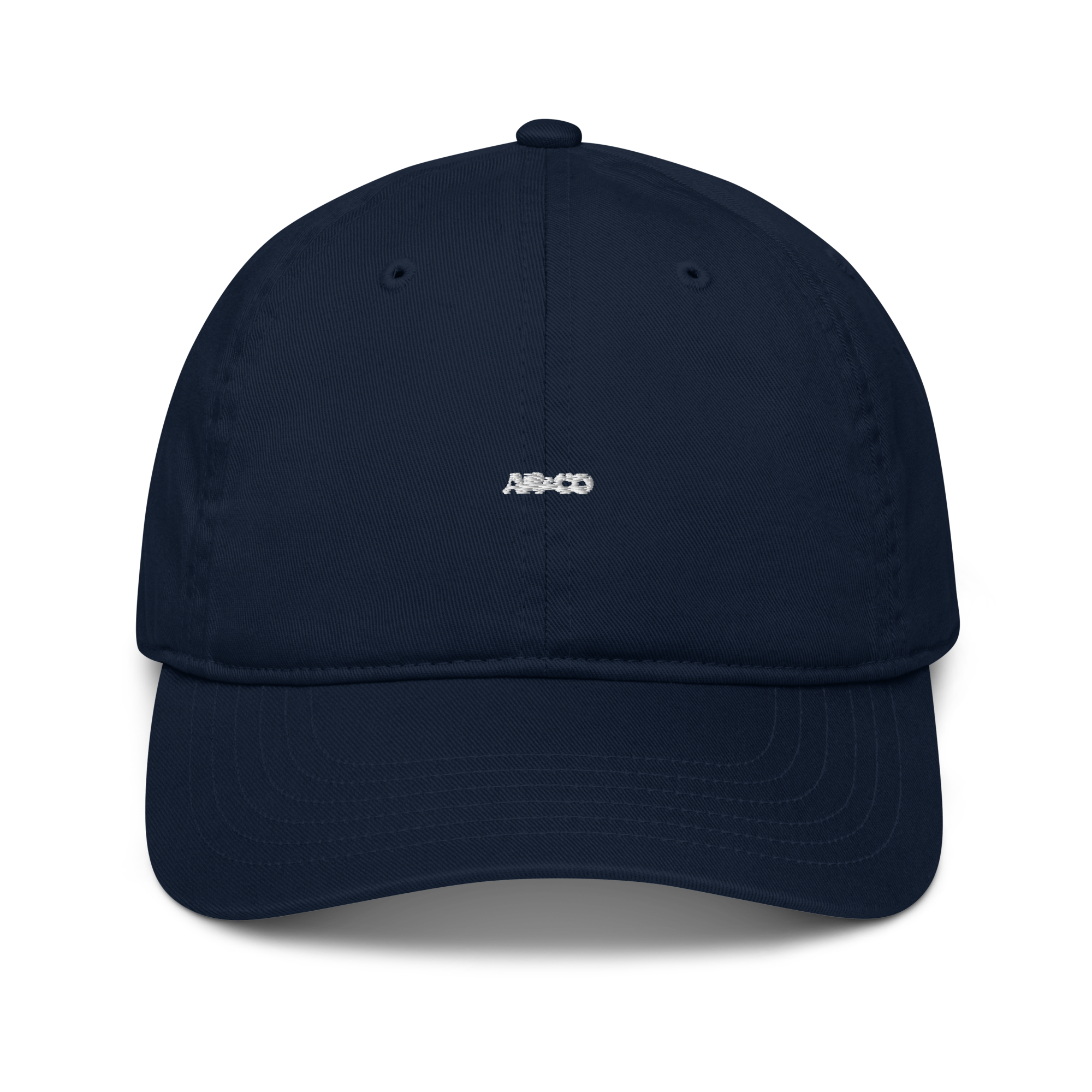 Organic cotton dad hat in Navy with embroidered logo, curved brim, and adjustable strap for a relaxed streetwear fit.