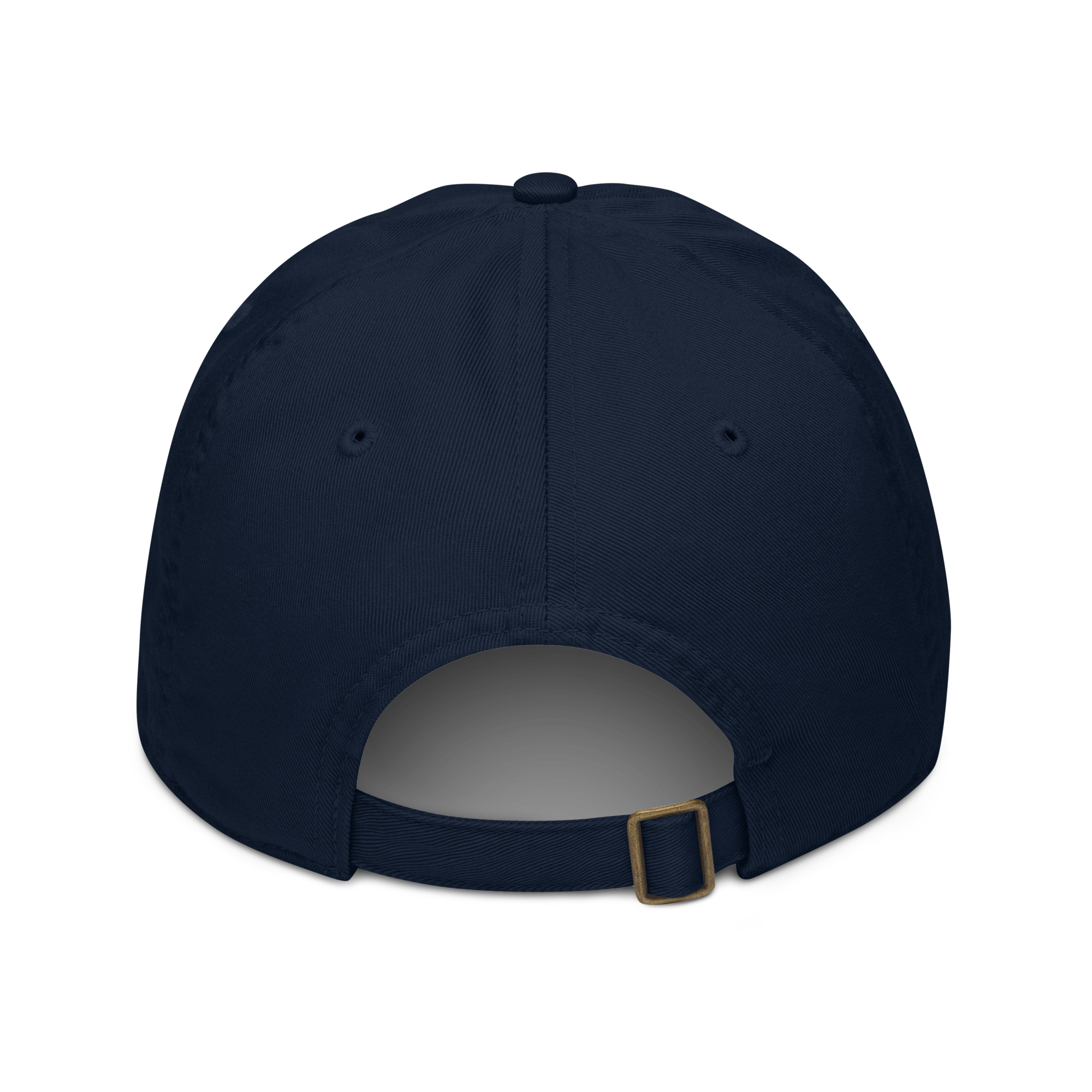 Organic cotton dad hat in Navy with embroidered logo, curved brim, and adjustable strap for a relaxed streetwear fit.