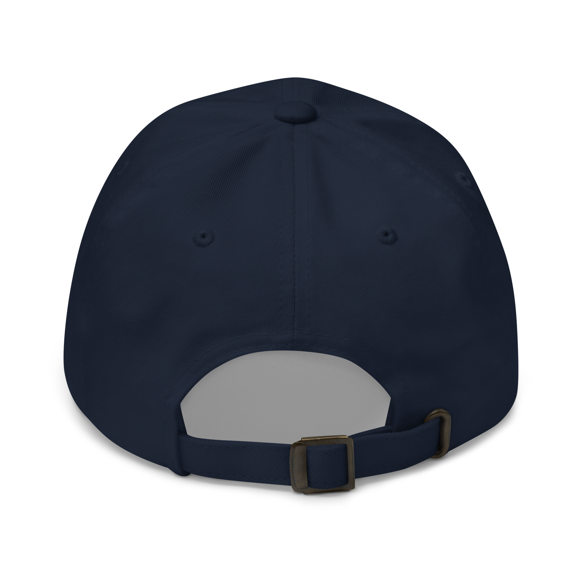 Organic cotton dad hat in Navy with embroidered logo, curved brim, and adjustable strap for a relaxed streetwear fit.