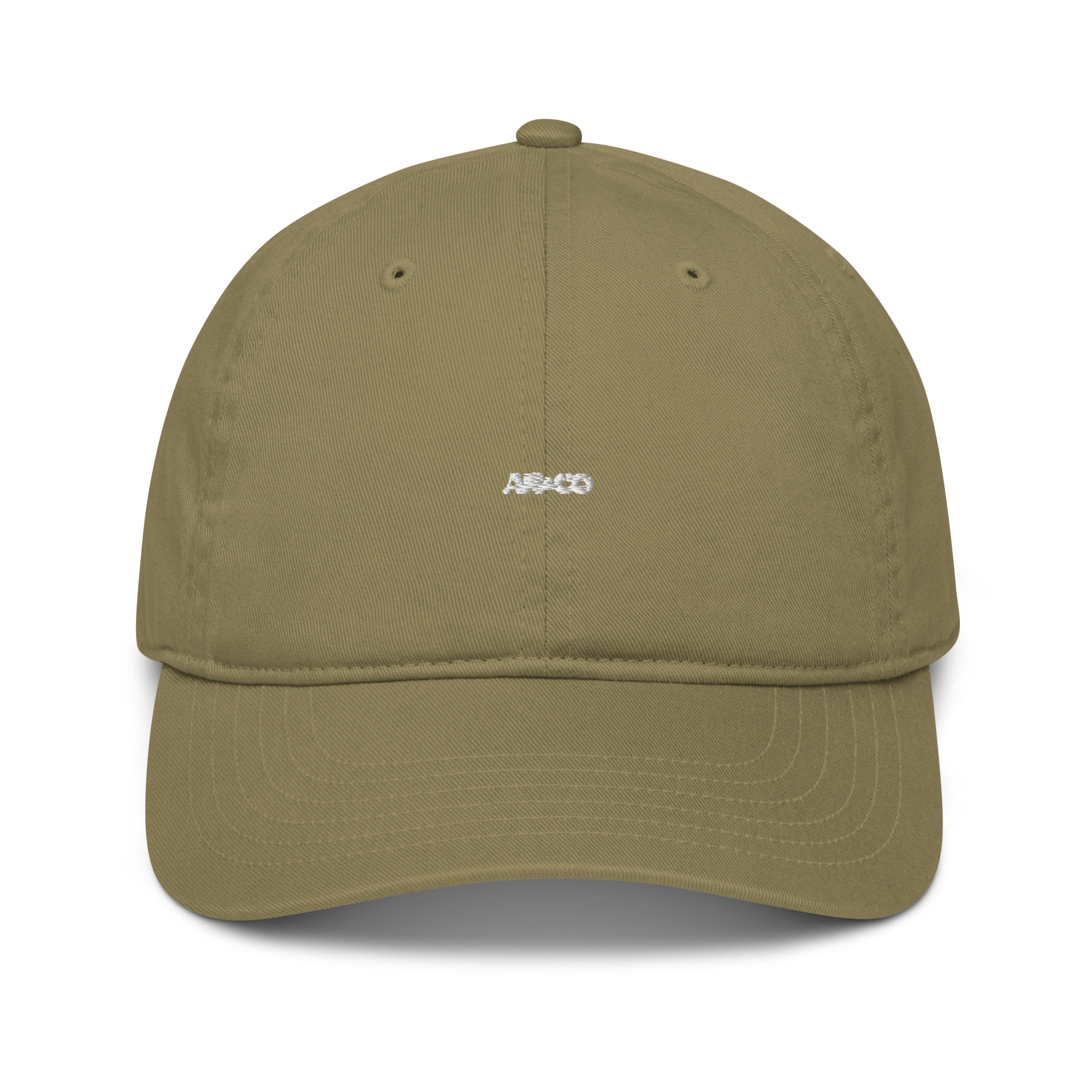 Organic cotton dad hat in Olive with embroidered logo, curved brim, and adjustable strap for a relaxed streetwear fit.