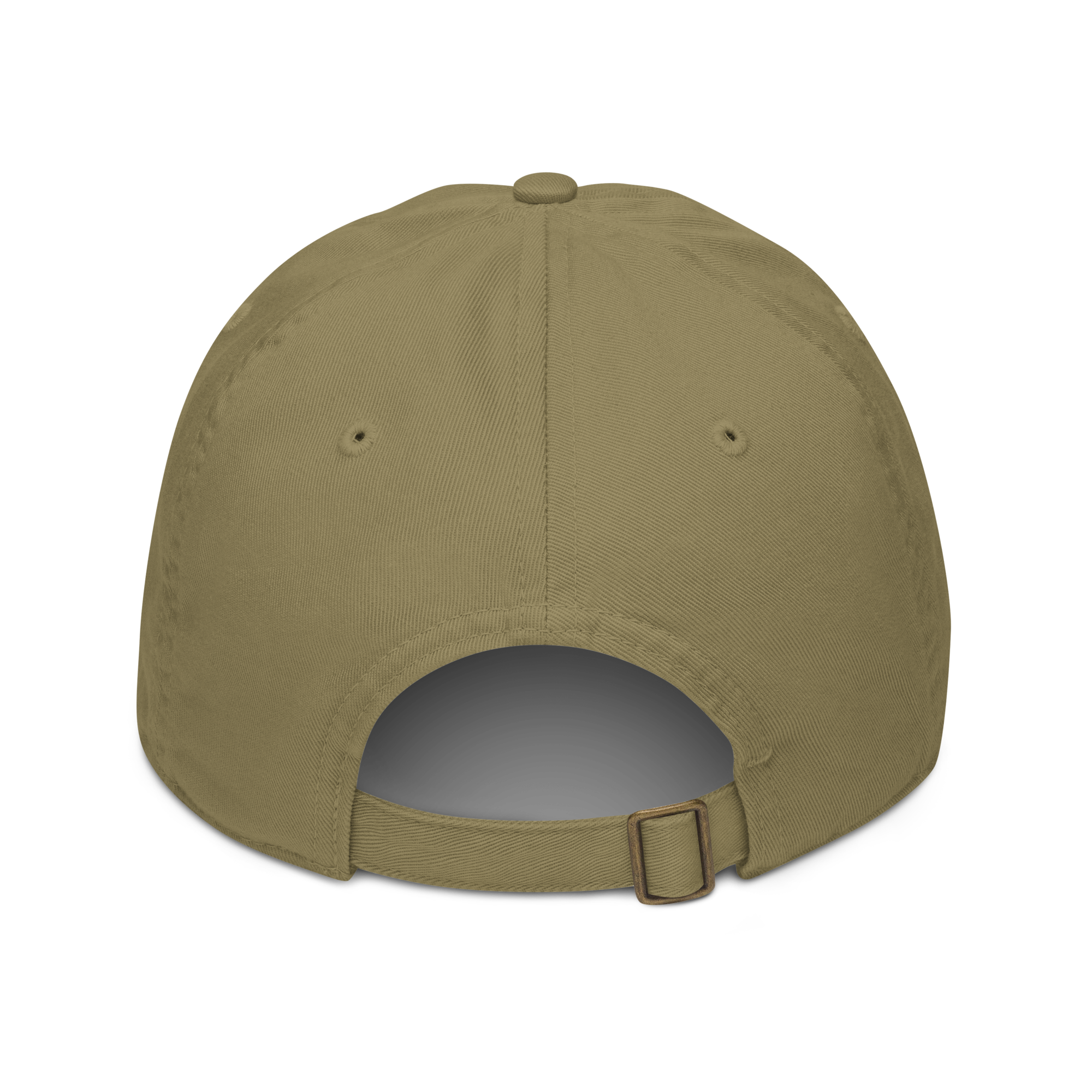 Organic cotton dad hat in Olive with embroidered logo, curved brim, and adjustable strap for a relaxed streetwear fit.