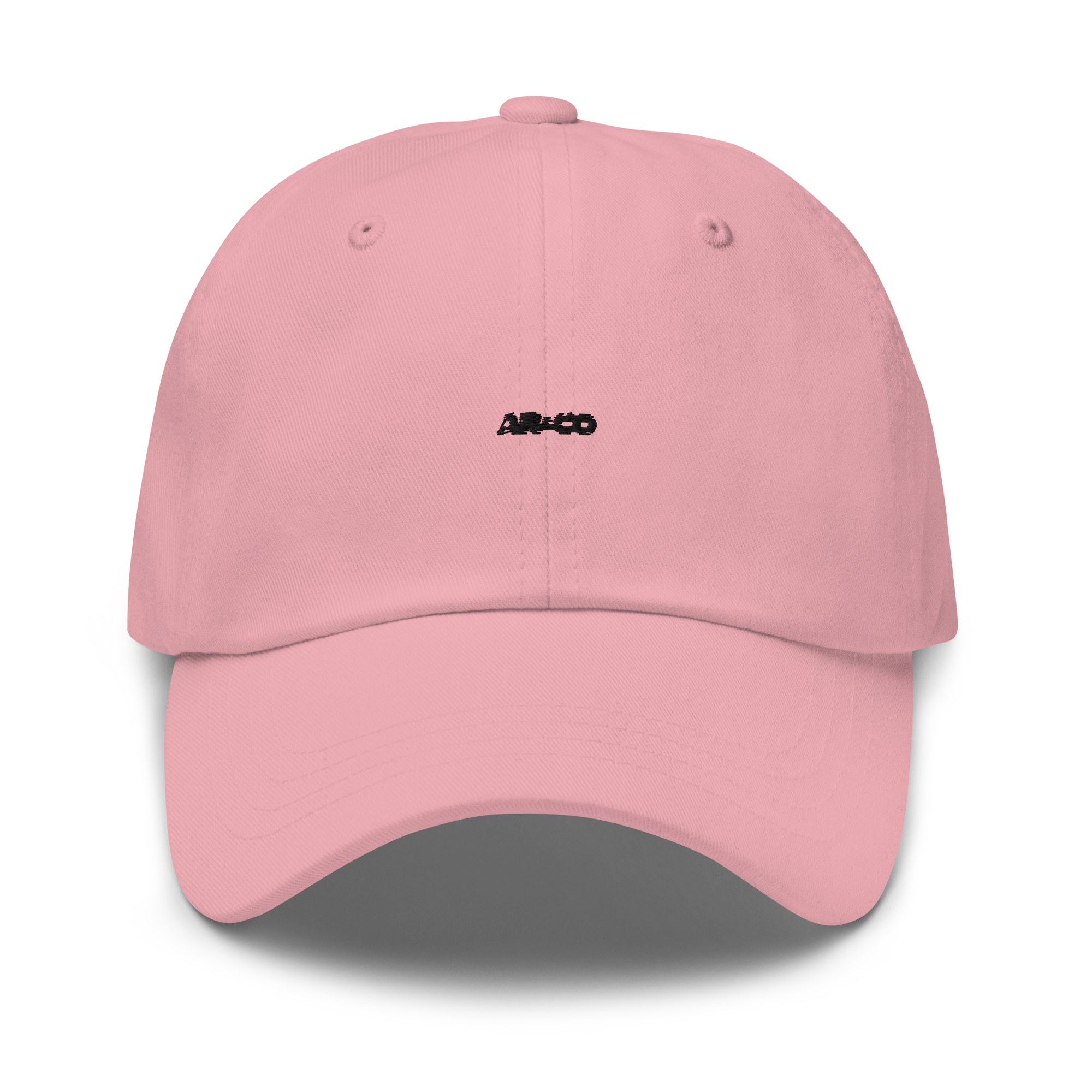 Organic cotton dad hat in Pink with embroidered logo, curved brim, and adjustable strap for a relaxed streetwear fit.