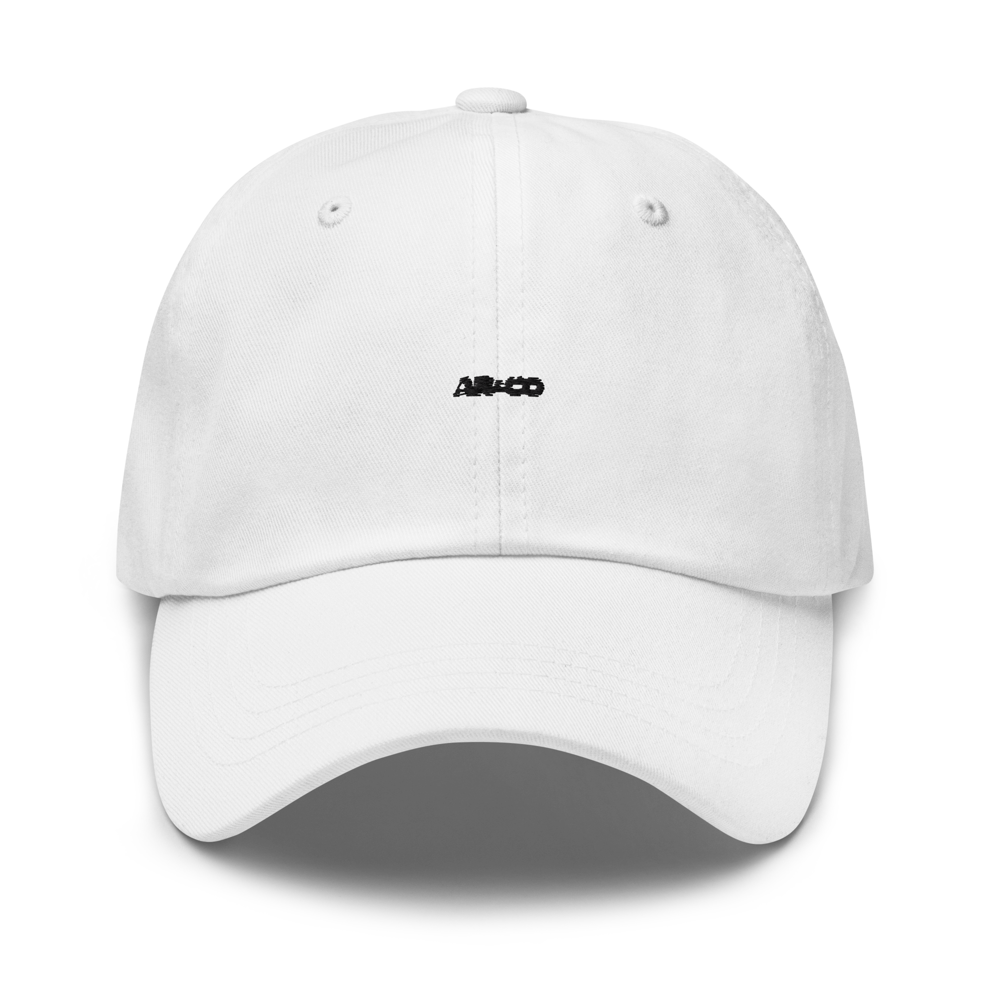 Organic cotton dad hat in white with embroidered logo, curved brim, and adjustable strap for a relaxed streetwear fit.