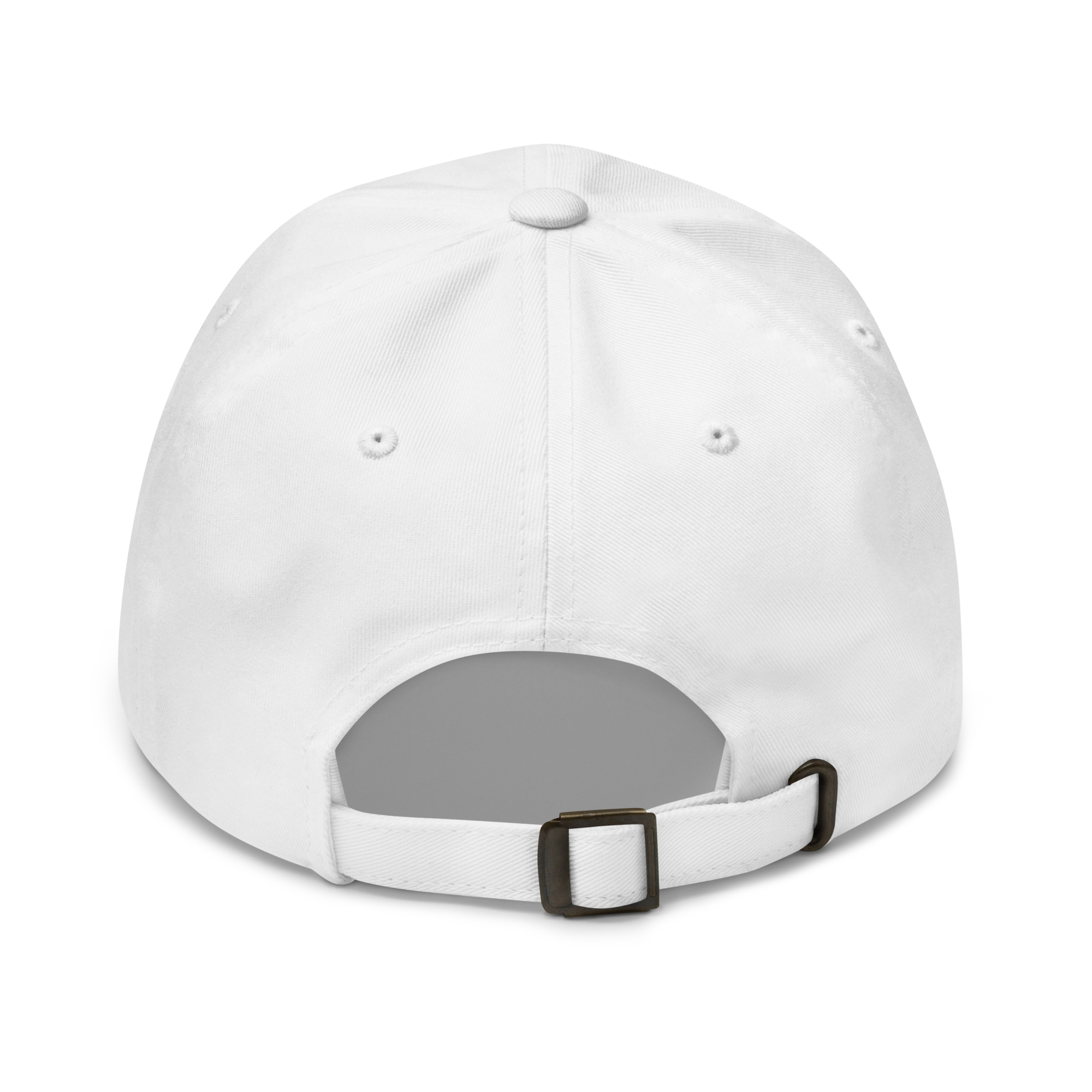 Organic cotton dad hat in white with embroidered logo, curved brim, and adjustable strap for a relaxed streetwear fit.
