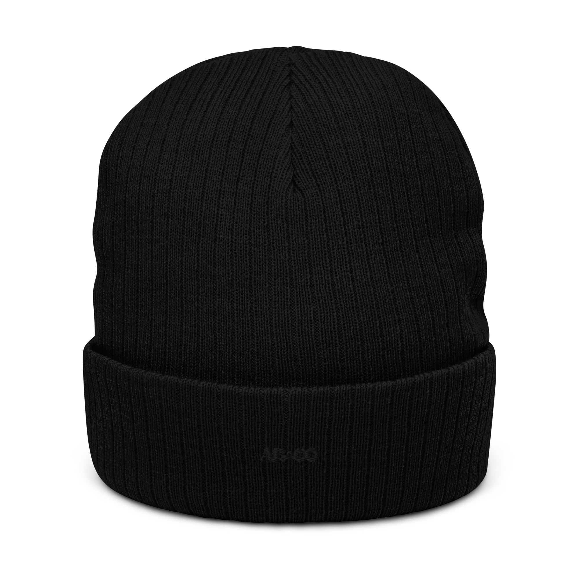 Ribbed knit beanie in Black with embroidered logo, soft stretch fit, designed for warmth and everyday streetwear.