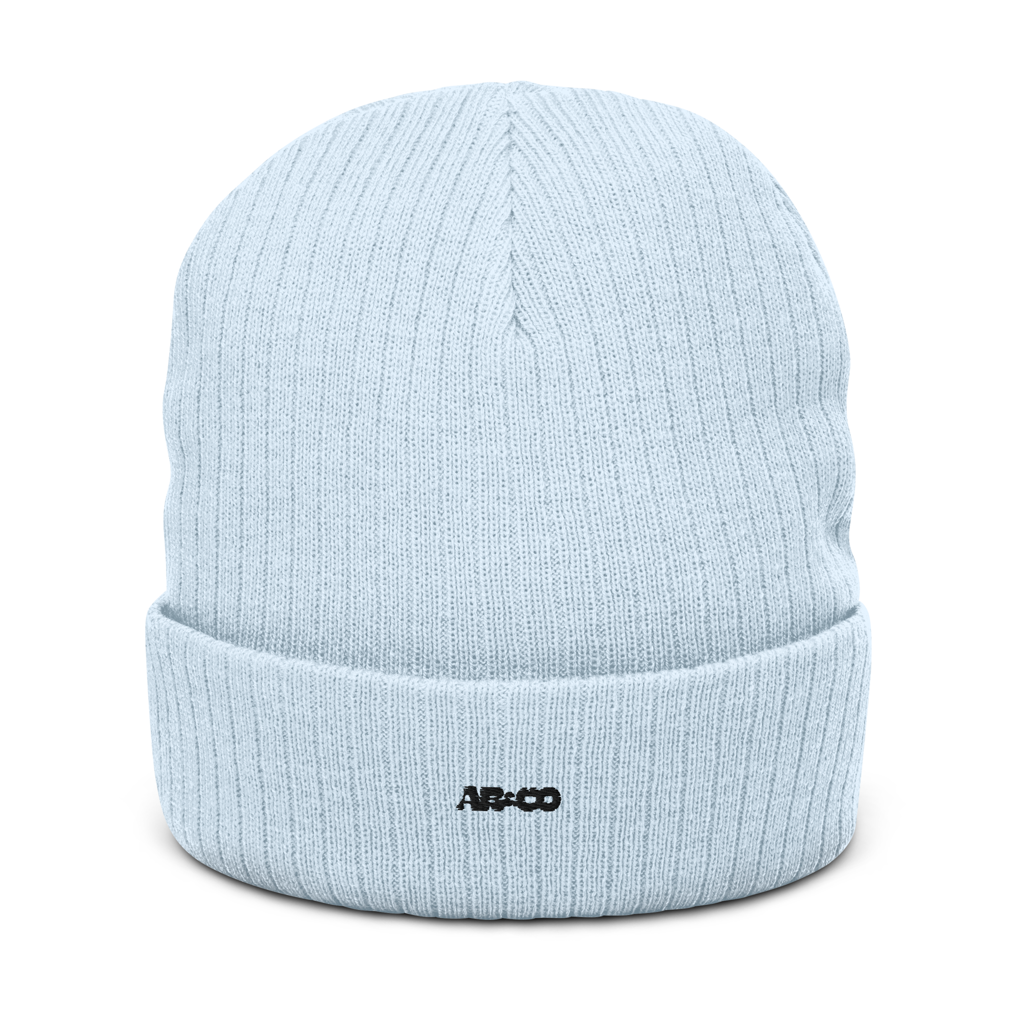 Ribbed knit beanie in blue with embroidered logo, soft stretch fit, designed for warmth and everyday streetwear.