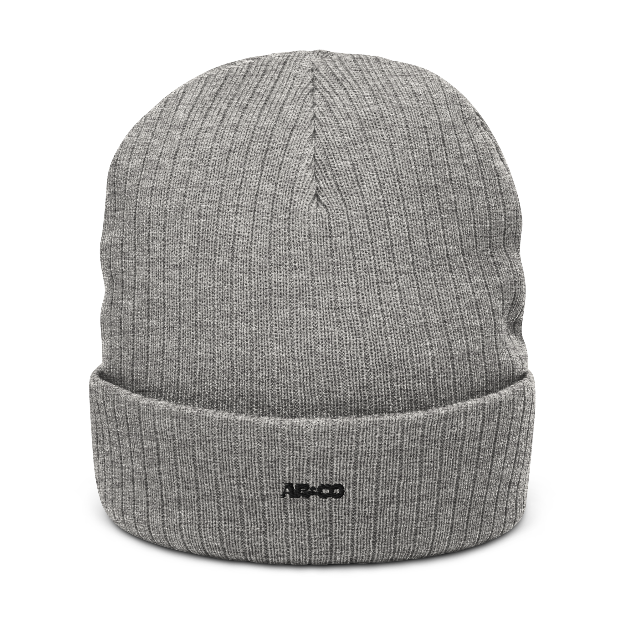 Ribbed knit beanie in Black with embroidered logo, soft stretch fit, designed for warmth and everyday streetwear.