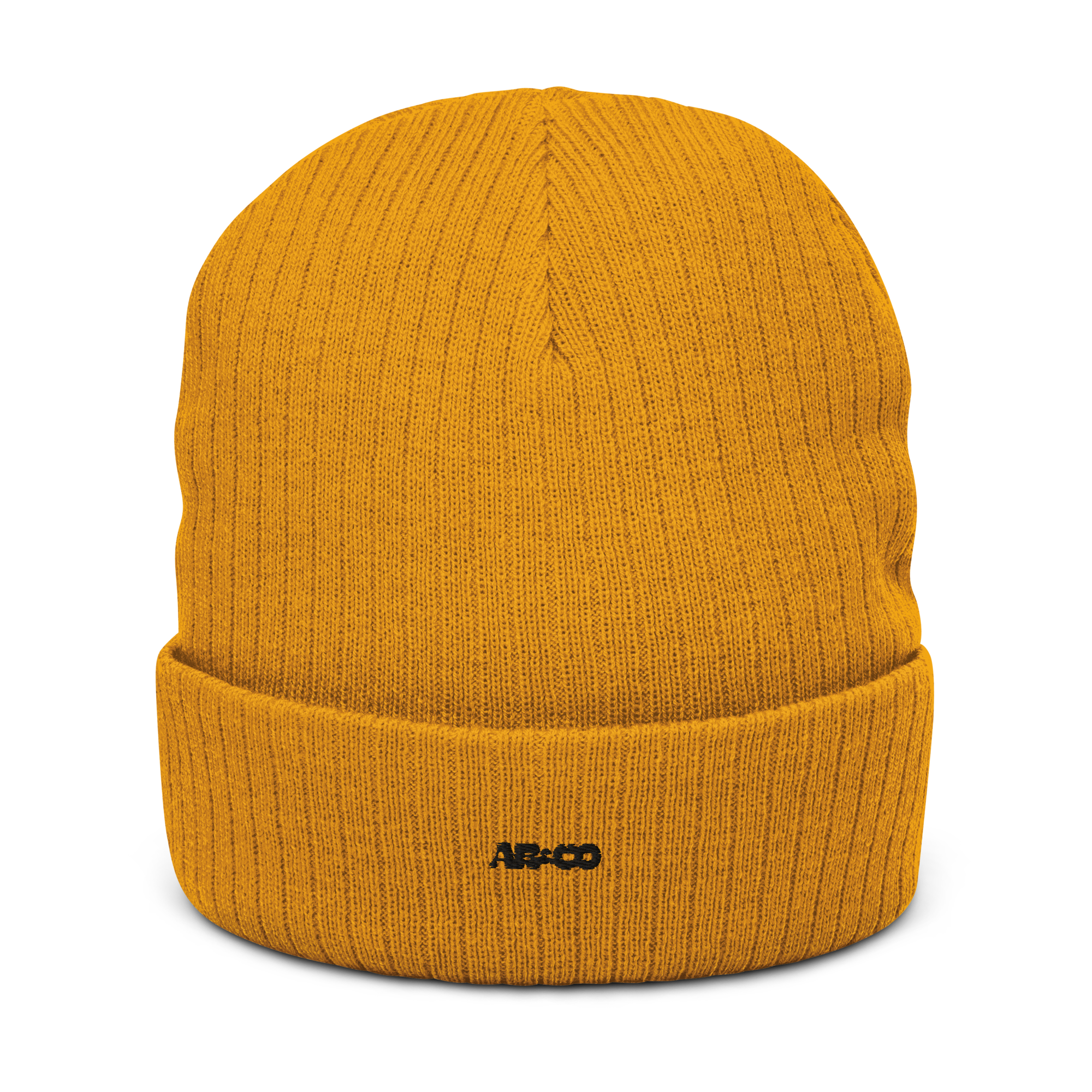 Ribbed knit beanie in Mustard with embroidered logo, soft stretch fit, designed for warmth and everyday streetwear.