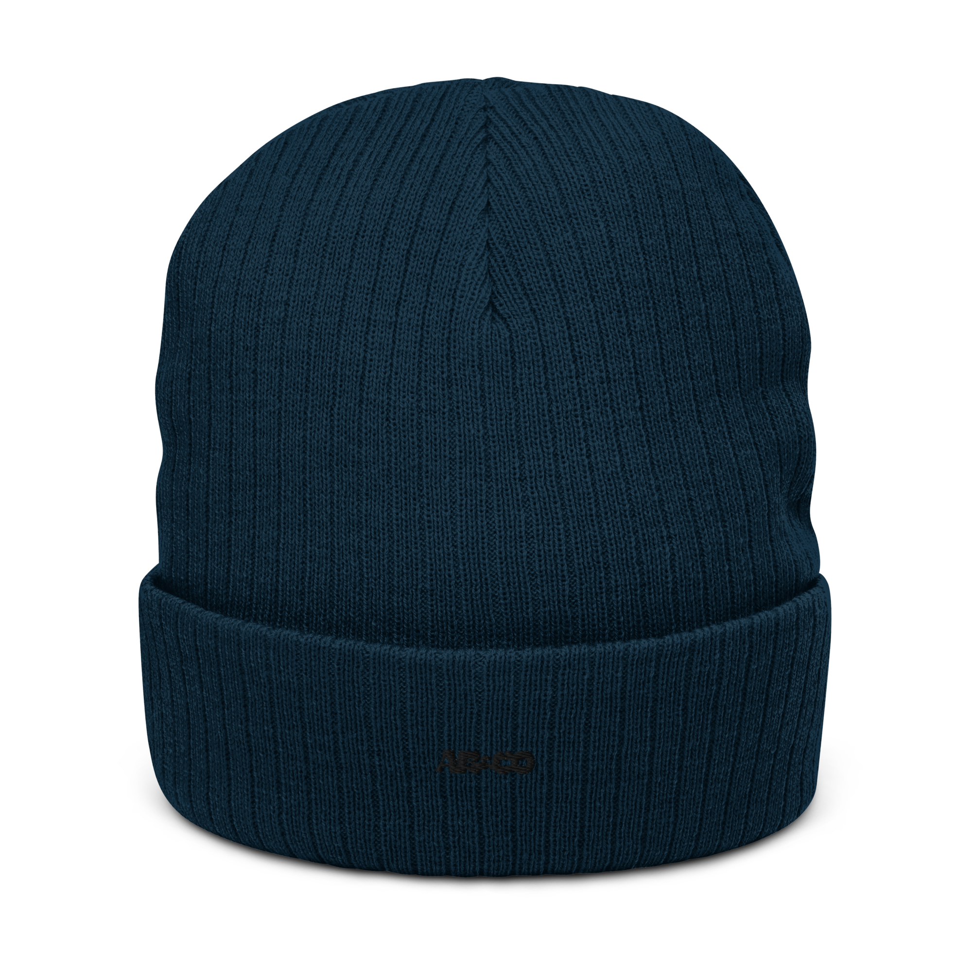 Ribbed knit beanie in Navy with embroidered logo, soft stretch fit, designed for warmth and everyday streetwear.