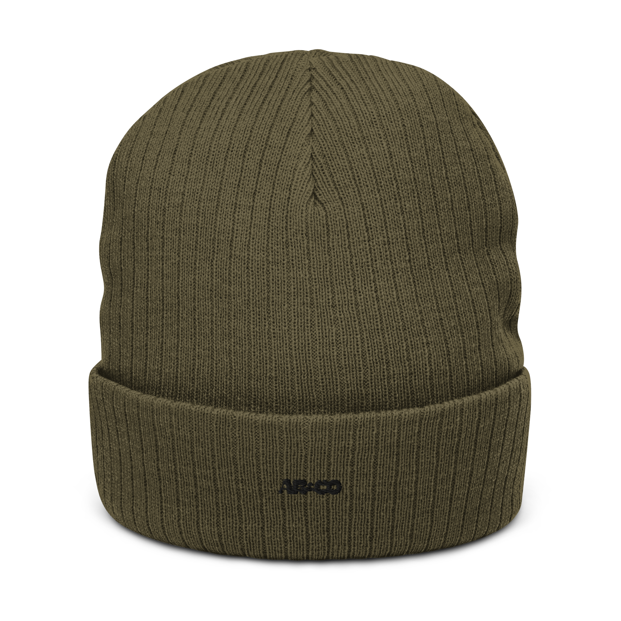 Ribbed knit beanie in Olive with embroidered logo, soft stretch fit, designed for warmth and everyday streetwear