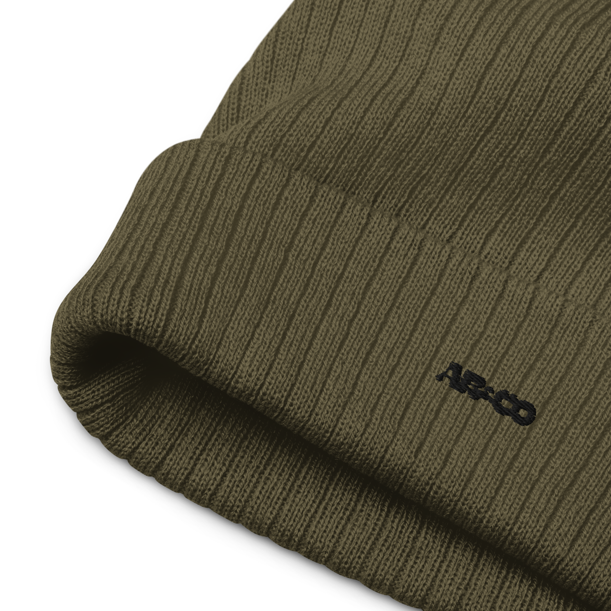 Ribbed knit beanie in Olive with embroidered logo, soft stretch fit, designed for warmth and everyday streetwear.