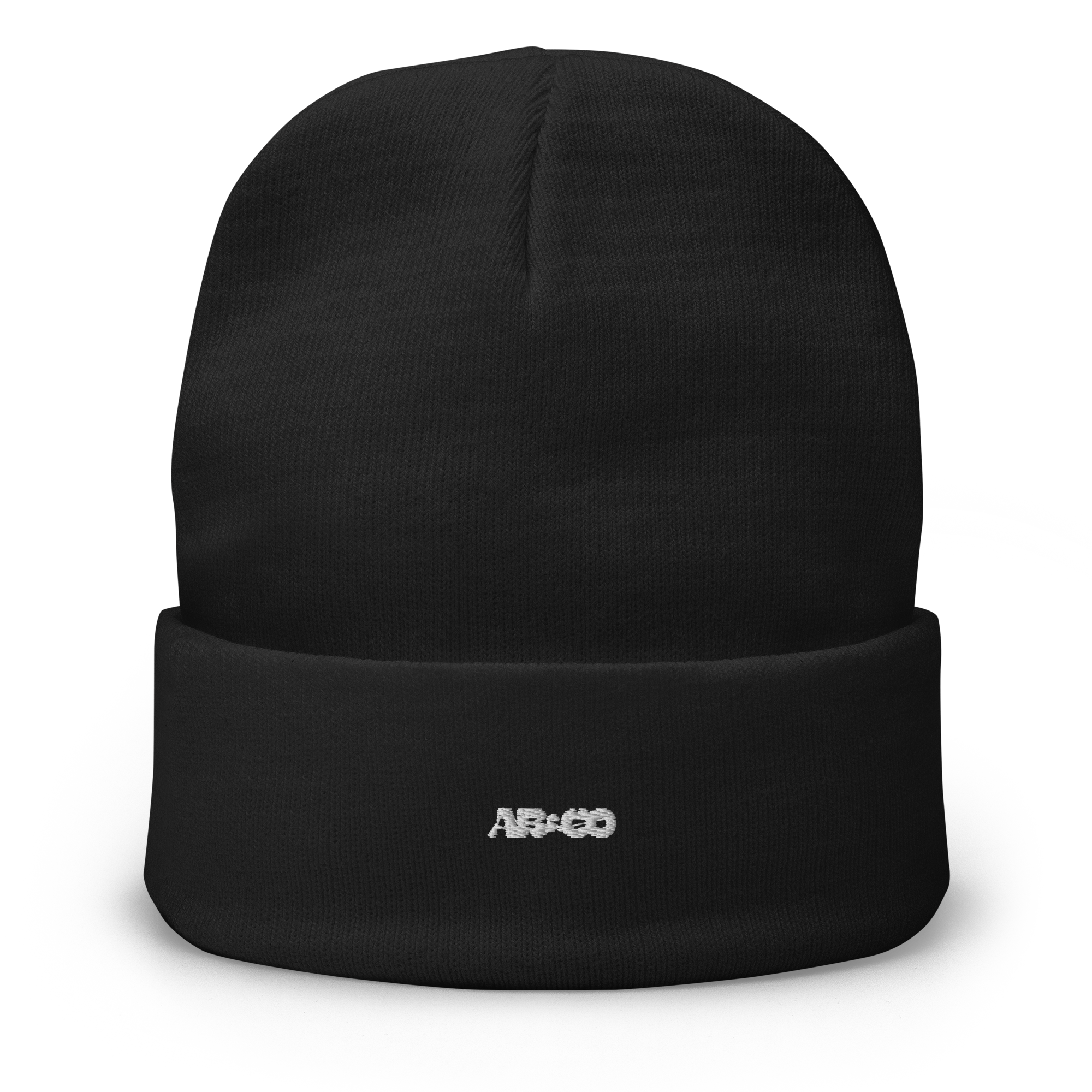Snug fit beanie in Black with embroidered AB&CO logo, soft knit material, designed for warmth and streetwear comfort.
