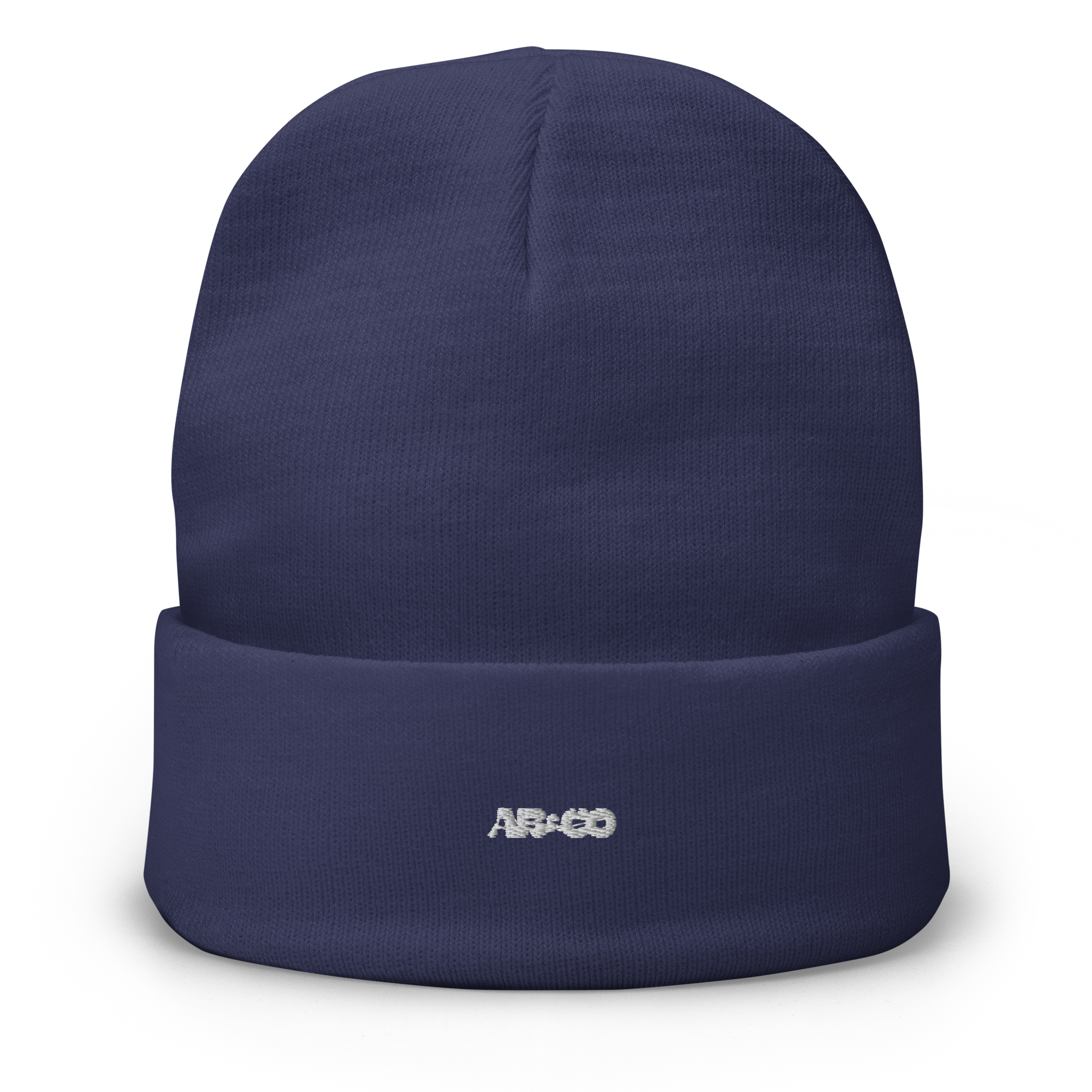 Snug fit beanie in Navy with embroidered AB&CO logo, soft knit material, designed for warmth and streetwear comfort.