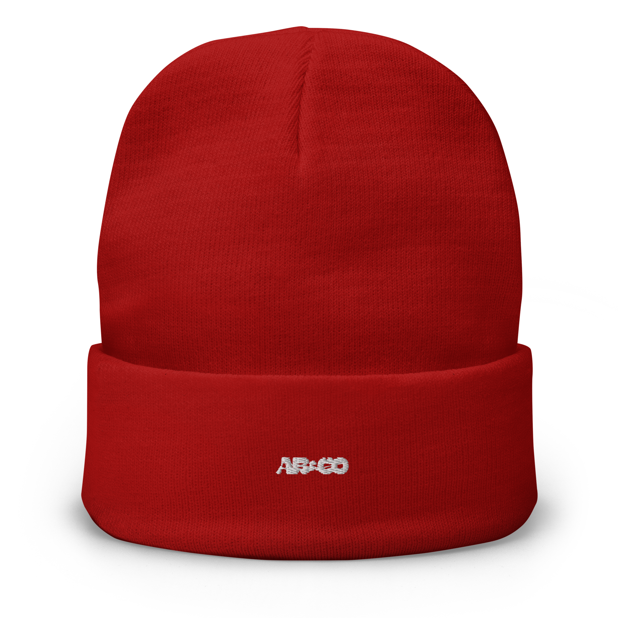 Snug fit beanie in Red with embroidered AB&CO logo, soft knit material, designed for warmth and streetwear comfort.