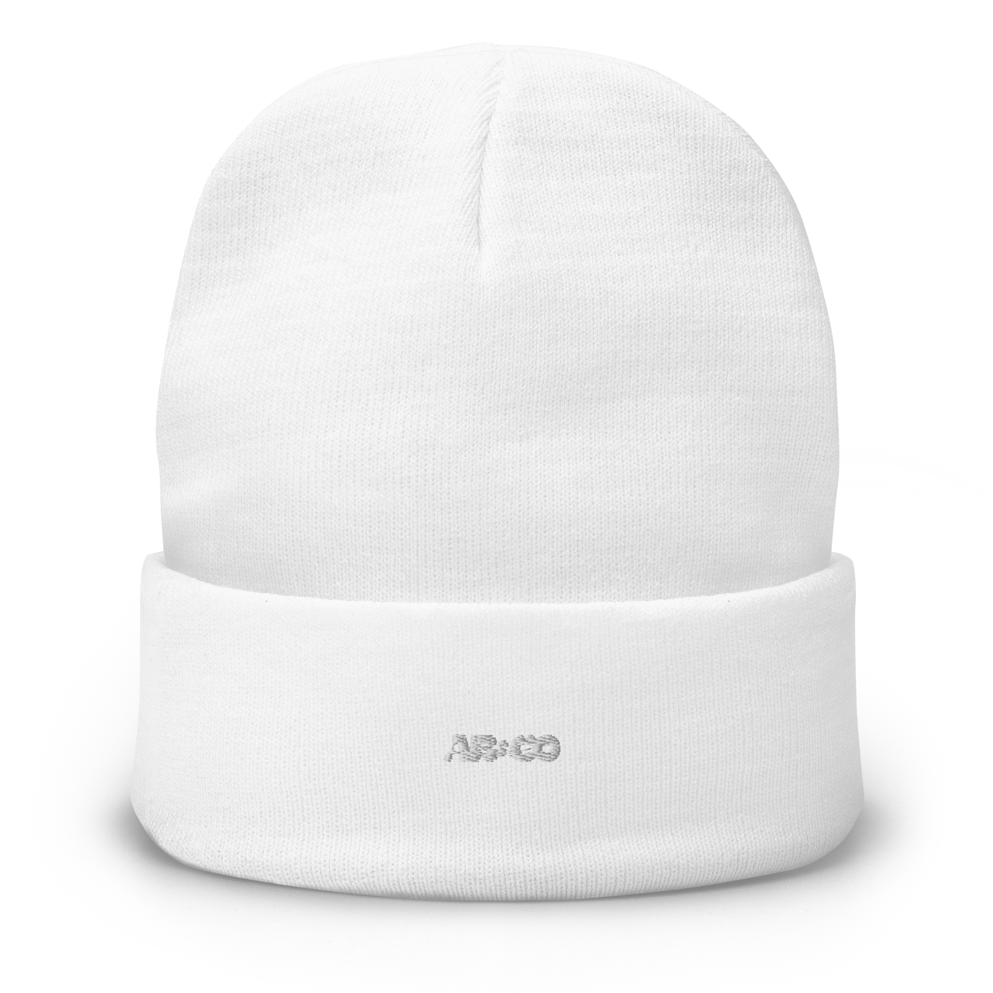 Snug fit beanie in White with embroidered AB&CO logo, soft knit material, designed for warmth and streetwear comfort.