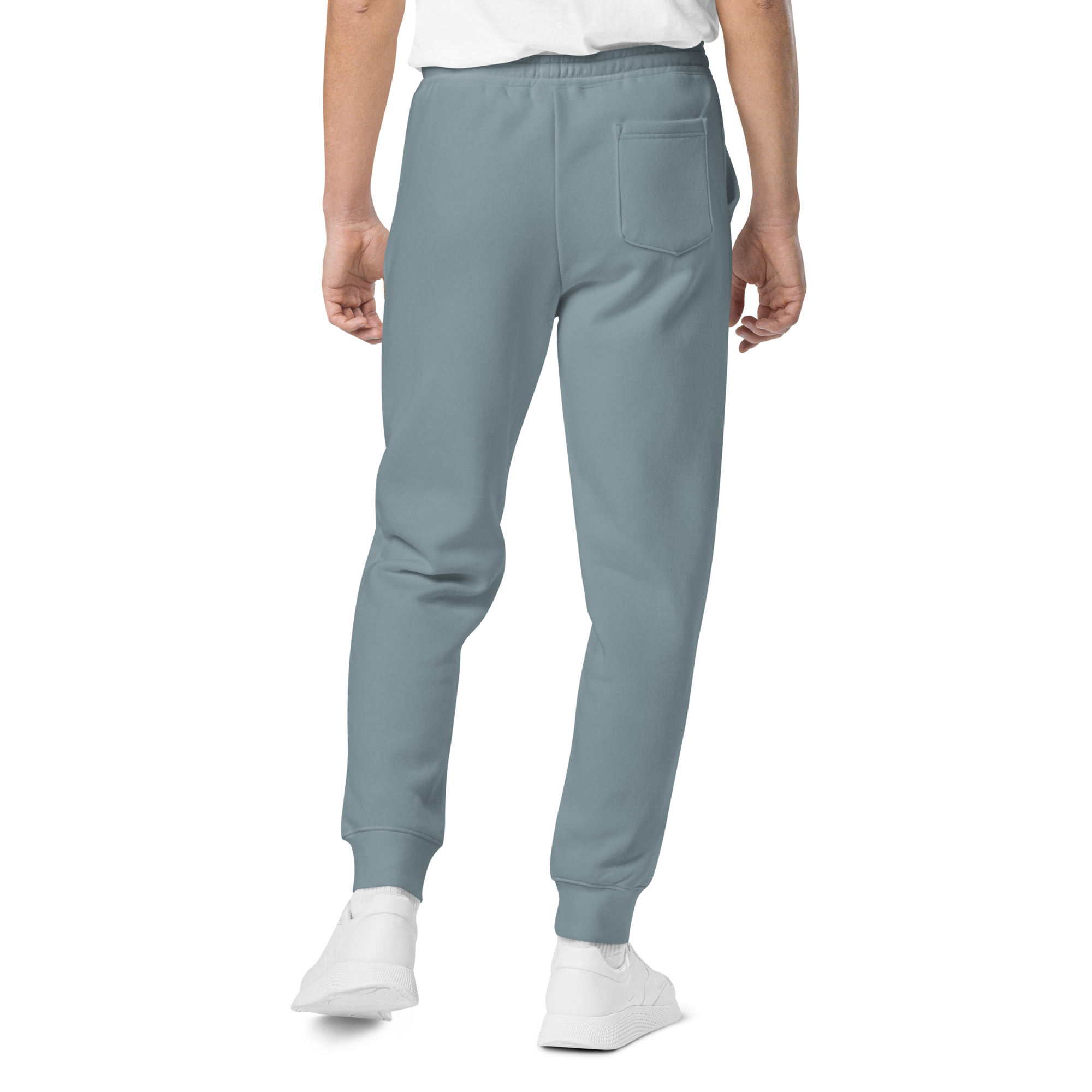 Pigment-dyed relaxed fit sweatpants in Slate Blue with elastic waistband and cuffs, designed for streetwear and everyday comfort.