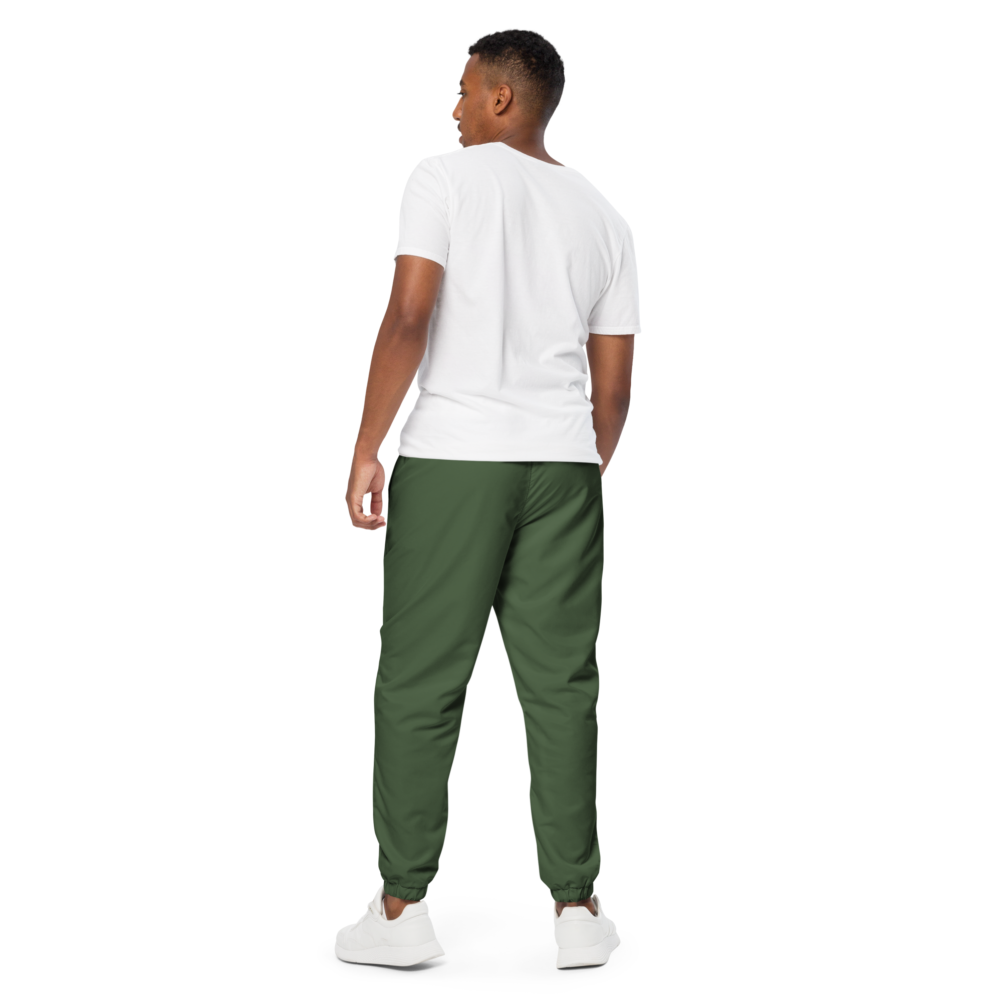 Unisex track pants in Olive with elastic waistband, tapered leg, and side pockets. Designed for casual streetwear and comfort.