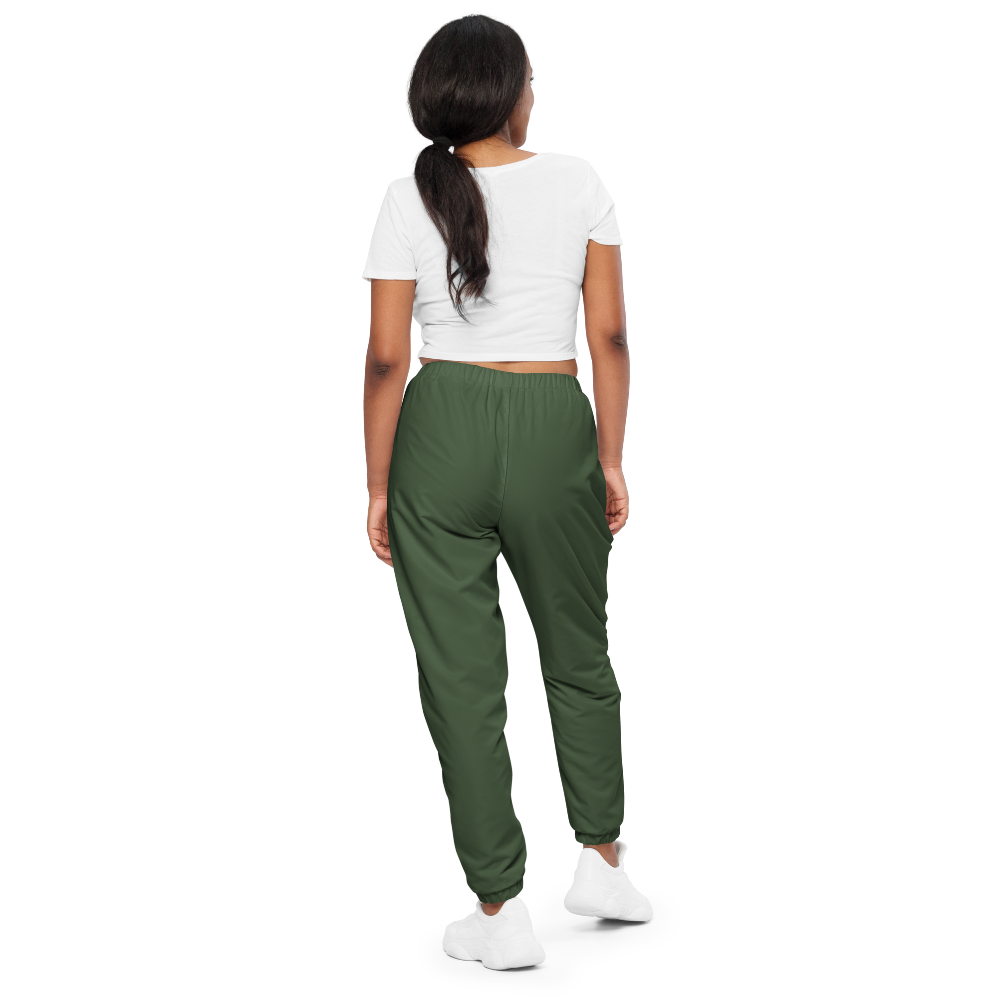 Unisex track pants in Olive with elastic waistband, tapered leg, and side pockets. Designed for casual streetwear and comfort.