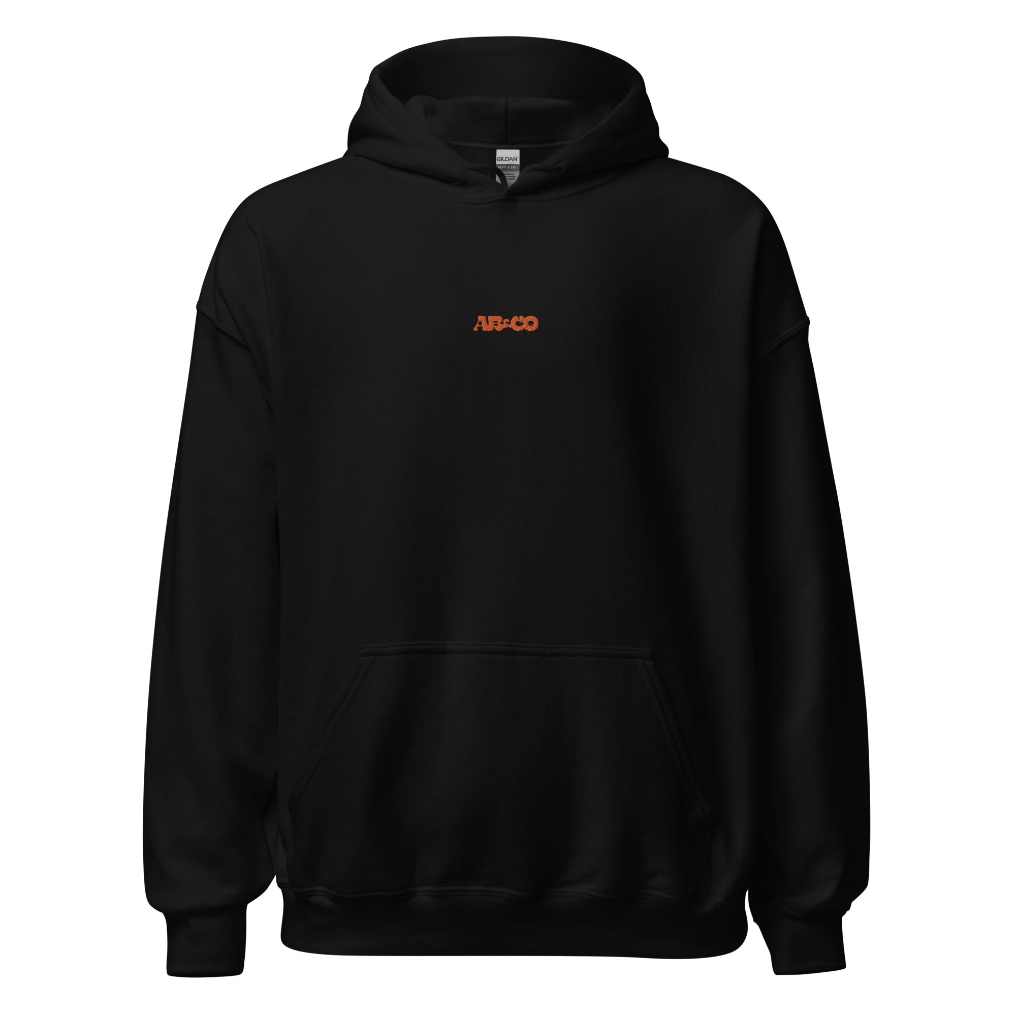 embroidered hoodie in black with chest logo and kangaroo pocket