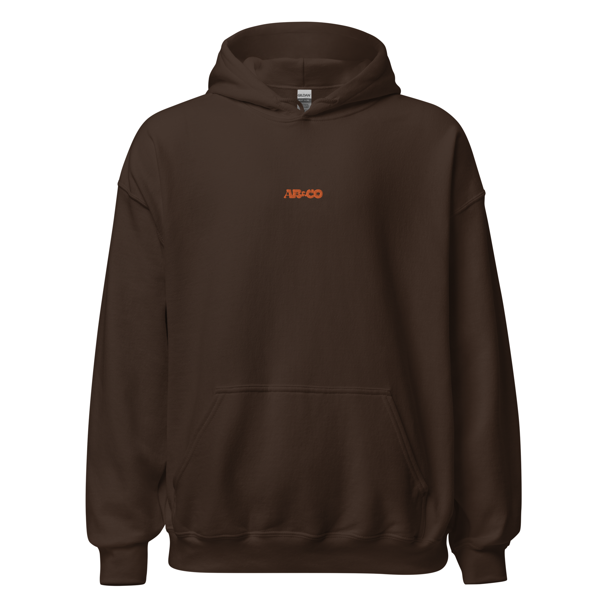 embroidered hoodie in dark chocolate with chest logo and kangaroo pocket