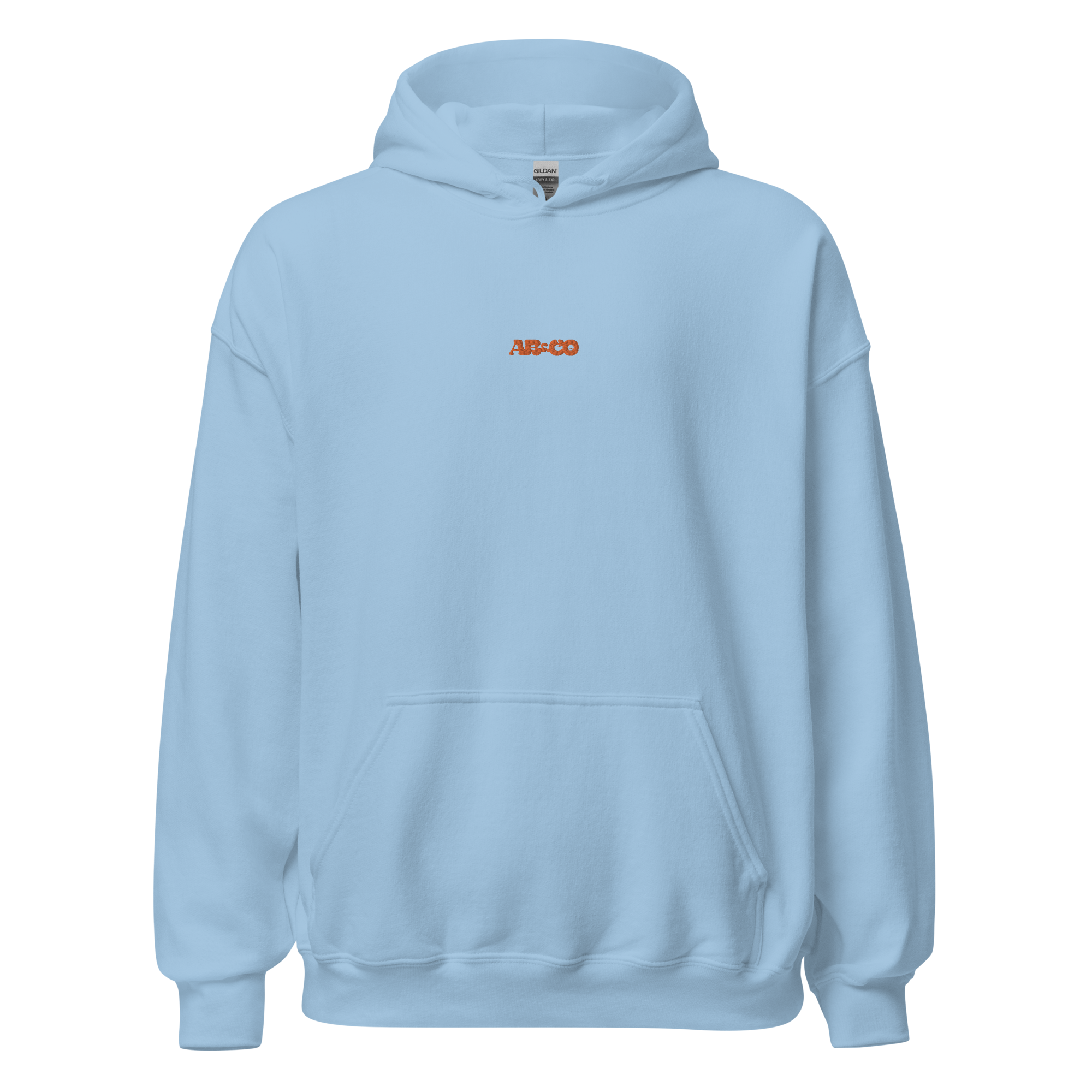 embroidered hoodie in light blue with chest logo and kangaroo pocket