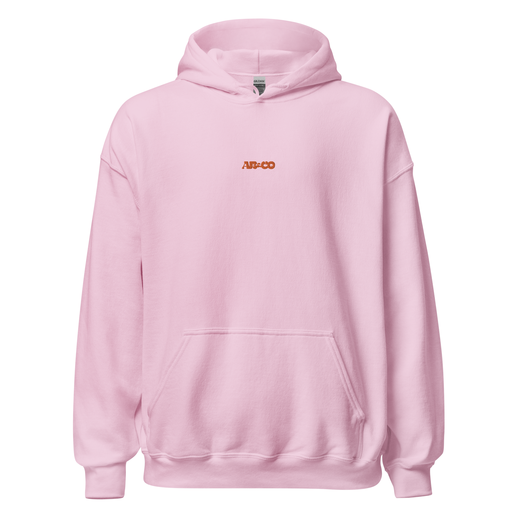 embroidered hoodie in light pink with chest logo and kangaroo pocket