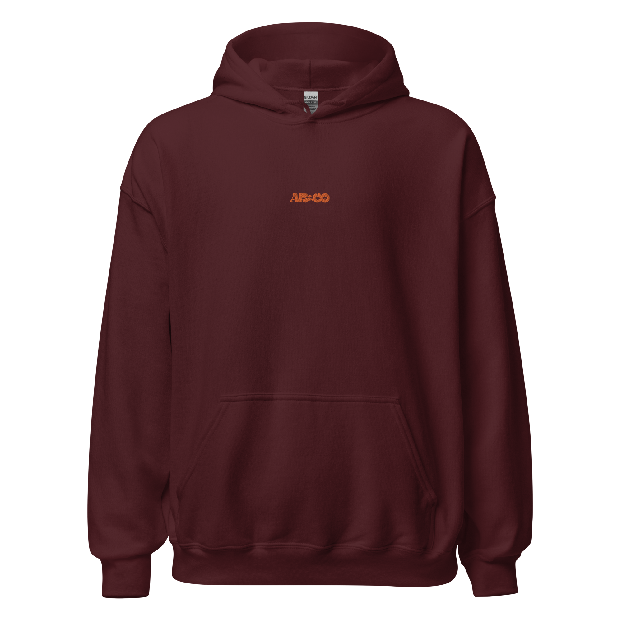 embroidered hoodie in maroon with chest logo and kangaroo pocket