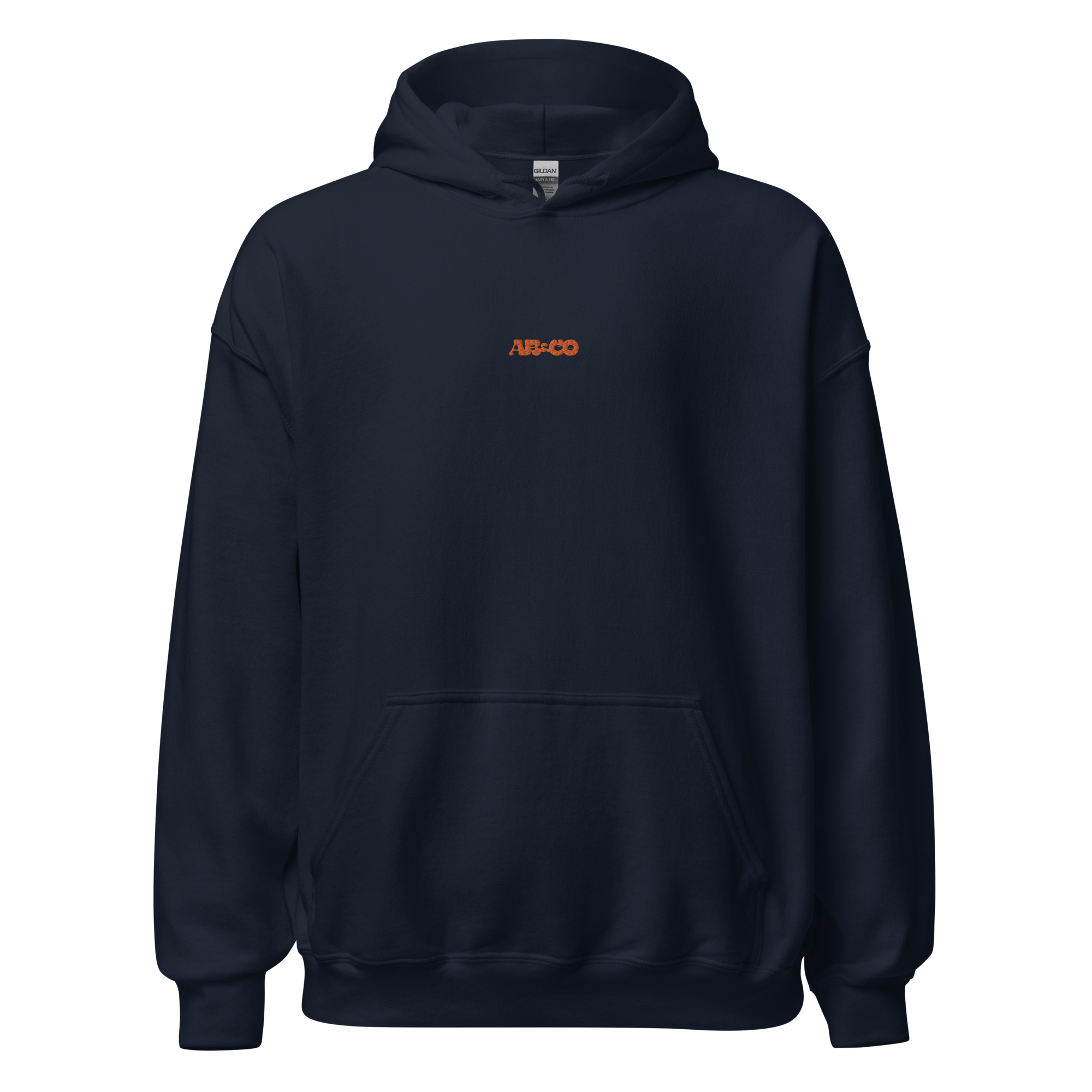 embroidered hoodie in navy with chest logo and kangaroo pocket