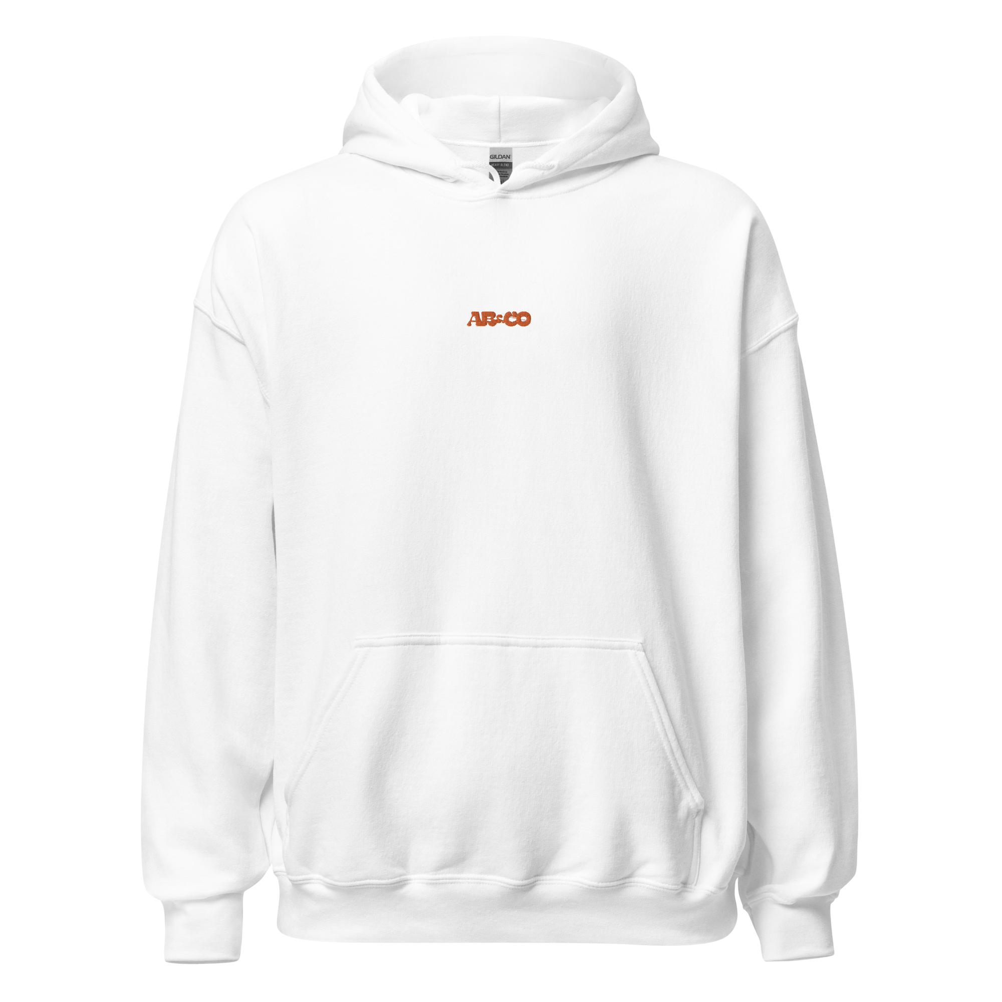 embroidered hoodie in white with chest logo and kangaroo pocket