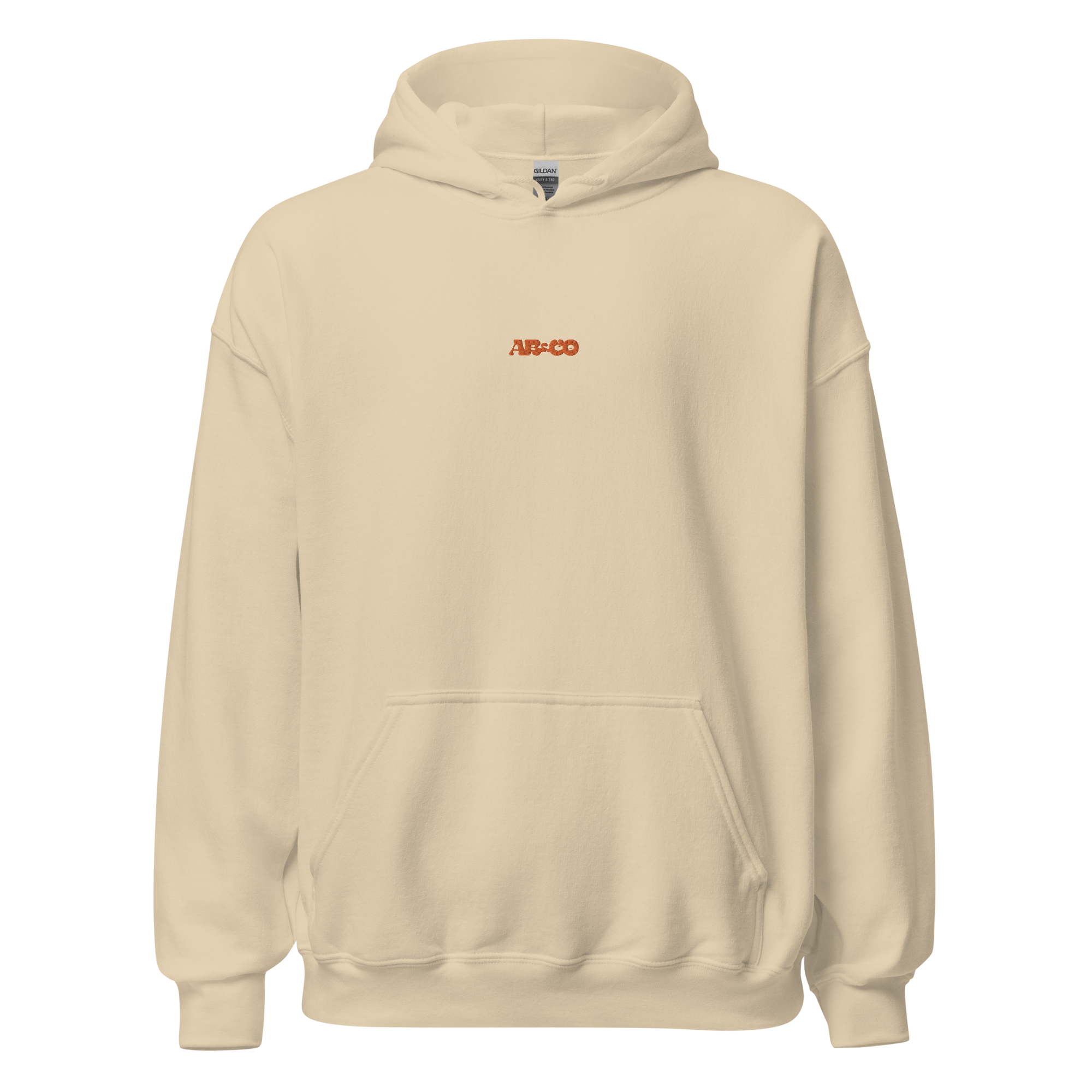 embroidered hoodie in sand color with chest logo and kangaroo pocket
