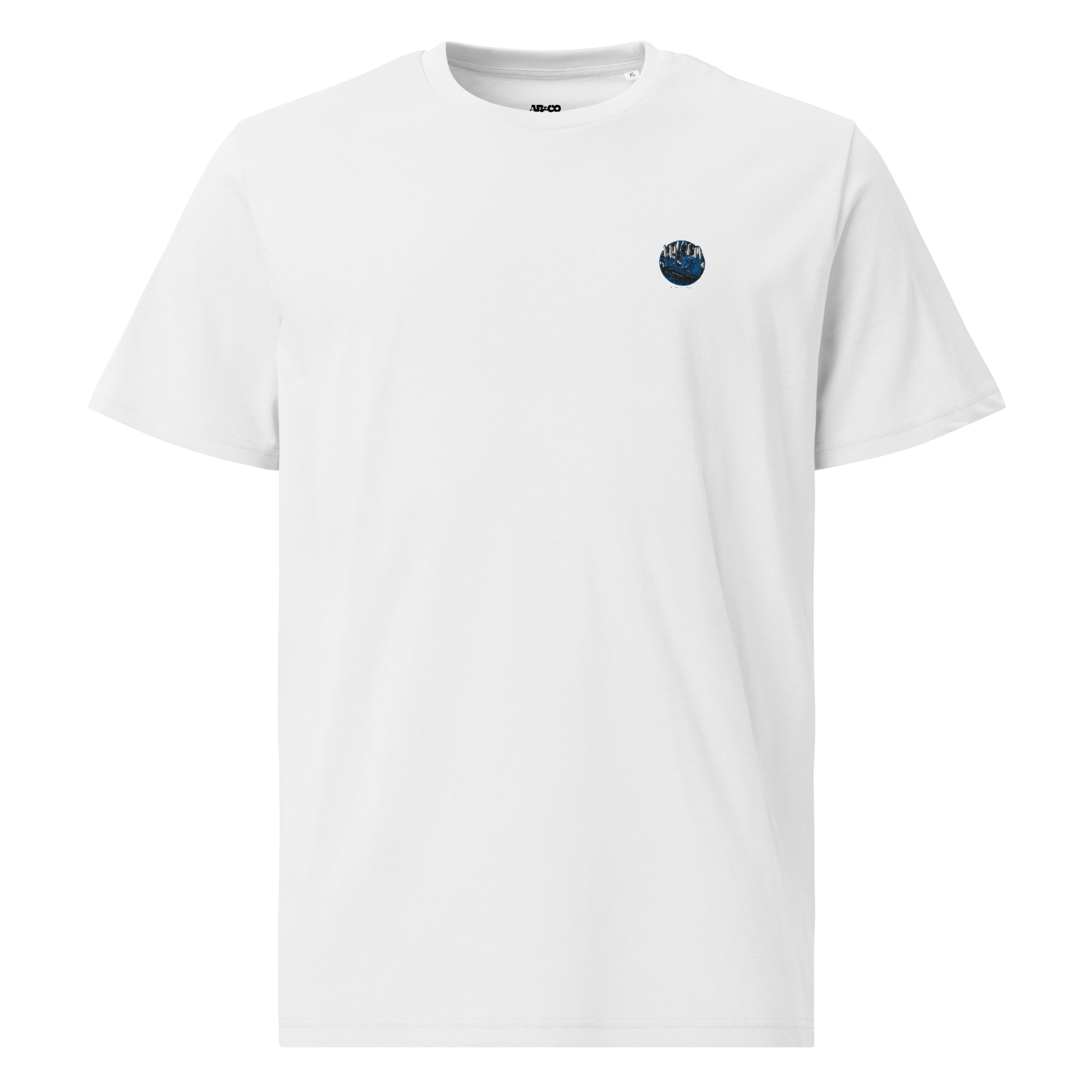 Premium organic cotton graphic embroidered t-shirt with designs on front and back, unisex, comfortable everyday tee