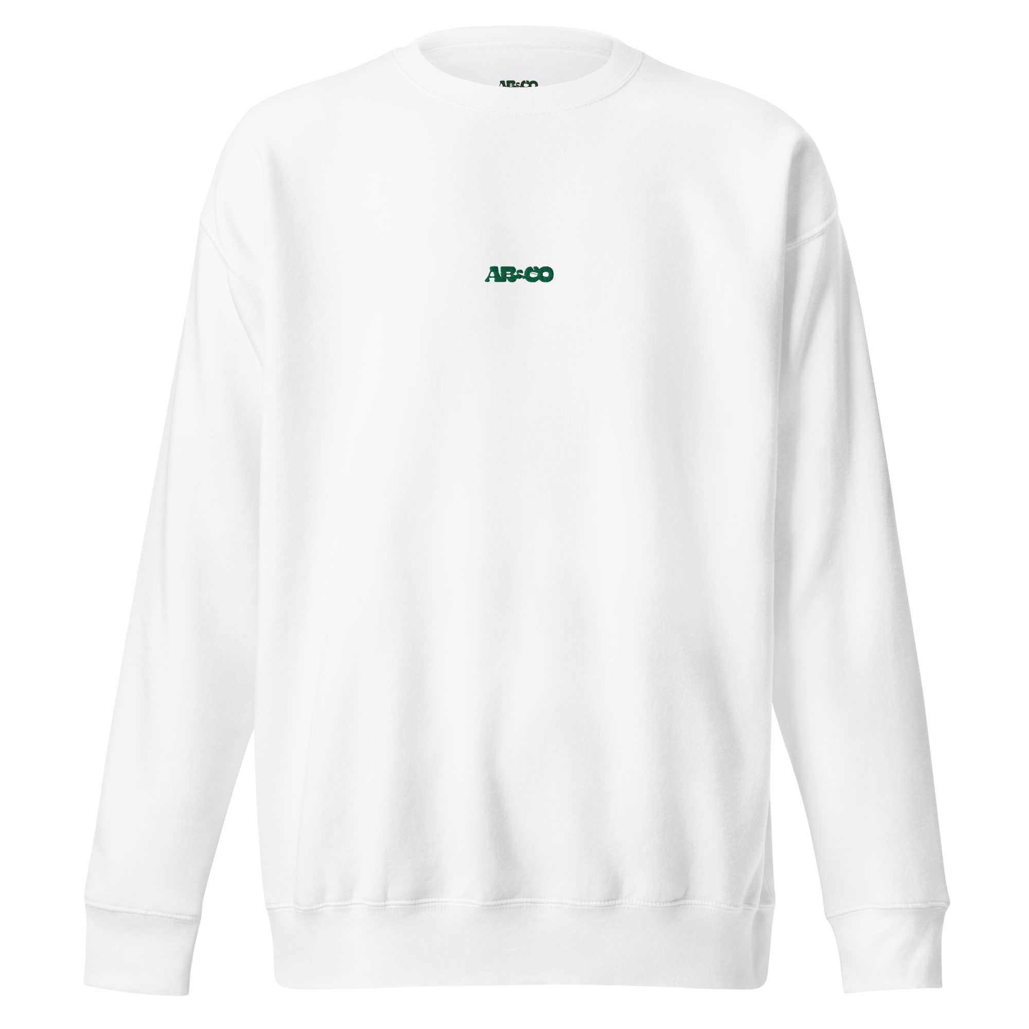 White premium sweatshirt with embroidered logo, soft brushed interior, and relaxed streetwear fit.
