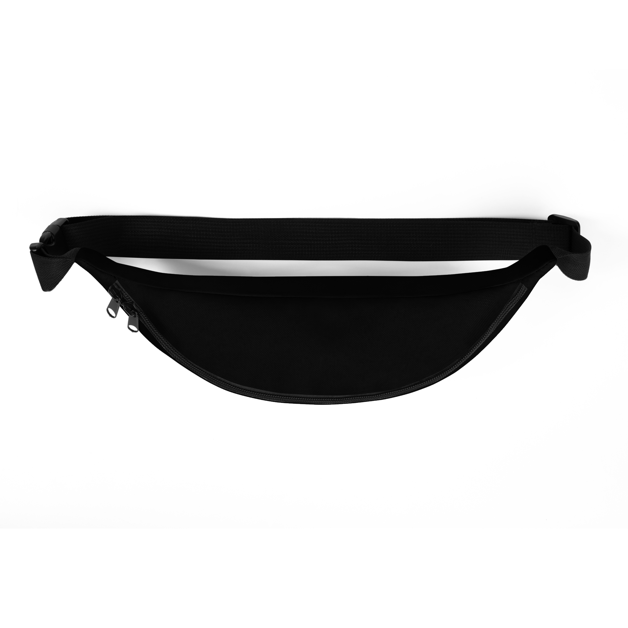 black on black fanny pack with adjustable strap and dual zipper