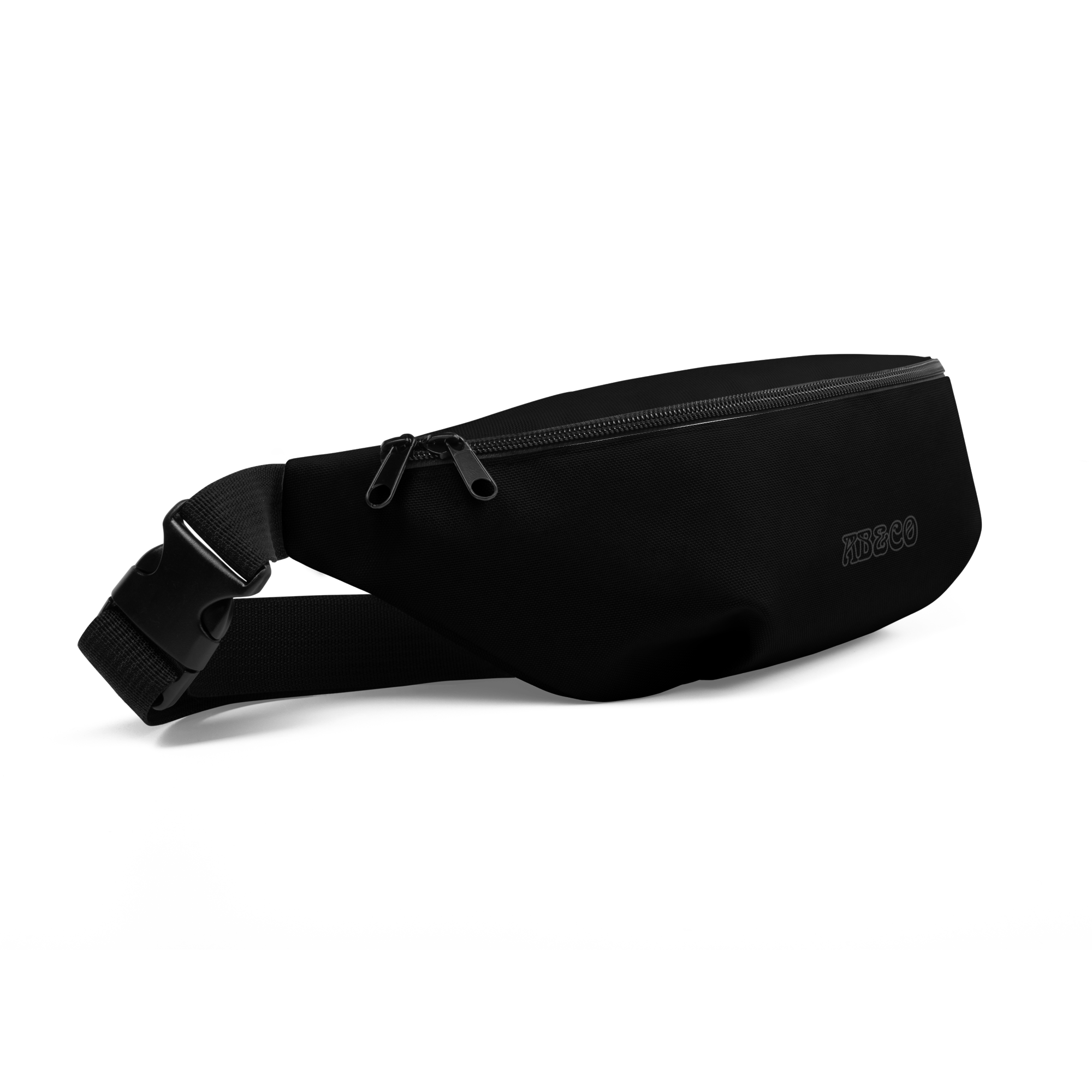 black on black fanny pack with adjustable strap and dual zipper